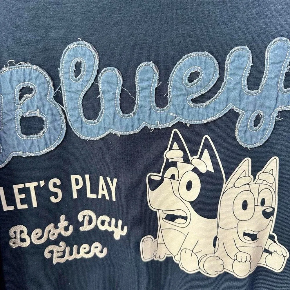 Bluey & Bingo Best Day Ever Denim Patch Graphic Sweatshirt Navy Kids Size XL